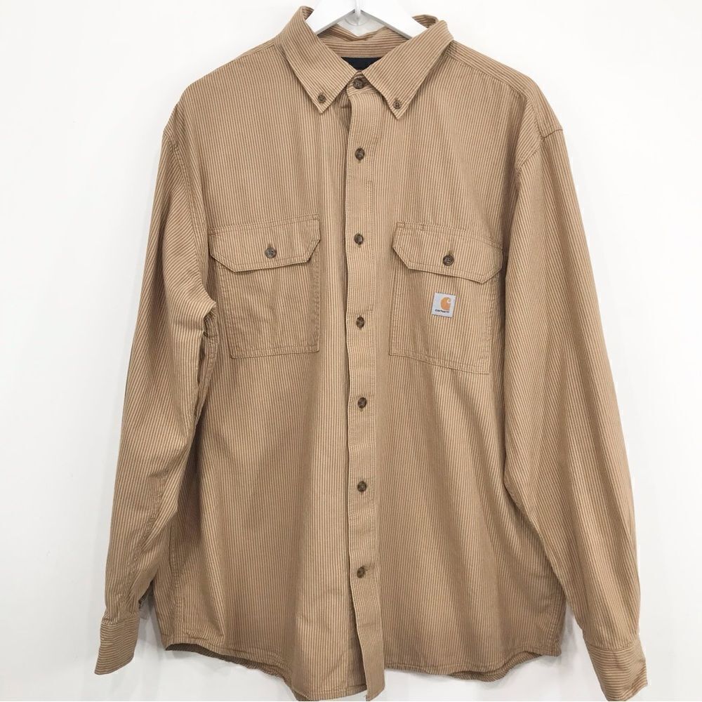 Carhartt Tan Pinstriped 100% Cotton Loose Fit Long Sleeve Button Down Shirt